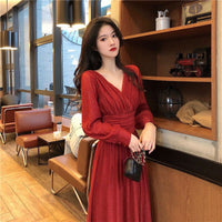 Women Dress Autumn V-Neck Long Sleeve Shiny Midi Dress A-Line Evening Night Party Elegant Dress Red Black Pink vestidos 2021