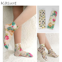 KASURE New Fashion Flower Butterfly Pattern Print Women Ankle Socks Elastic Spring Summer Soft Ladies Socks