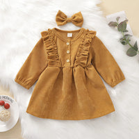 FOCUSNORM 0-6Y Autumn Infant Baby Girls Dress Headband 2pcs Solid Ruffles Long Sleeve Bowknot Button A-Line Dress 4 Colors