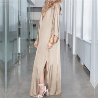 2023 Champagne Gold Sexy Lace Up Plunging Neck Bats Sleeve Loose Long Summer Beach Dress Satin Women Beachwear Maxi Dress N877