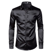 Royal Blue Silk Satin Shirt for Men 2023 Luxury Brand New Slim Fit