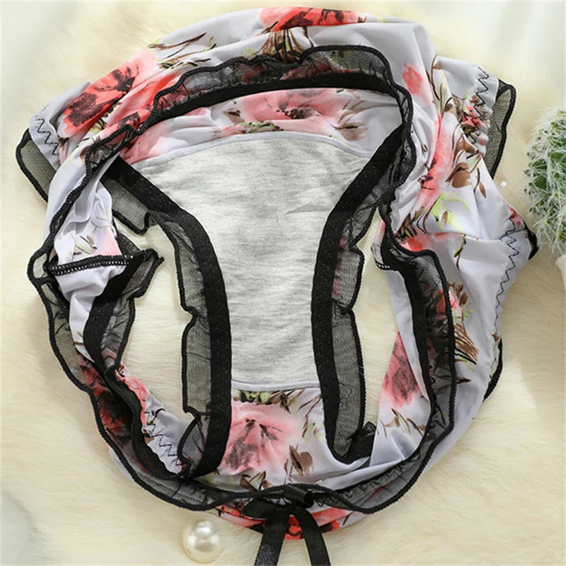 2023 New Cute Intimates Soft Smooth  Girls Underwears Ruffle Bow Flower Print Plus Size Sexy Lingeries Women's Panties