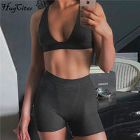 Hugcitar 2021 Sleeve V-Neck Sexy Crop Tank Top Biker Shorts 2 Piece Set Autumn Winter Women Fashion Streetwear Tracksuit