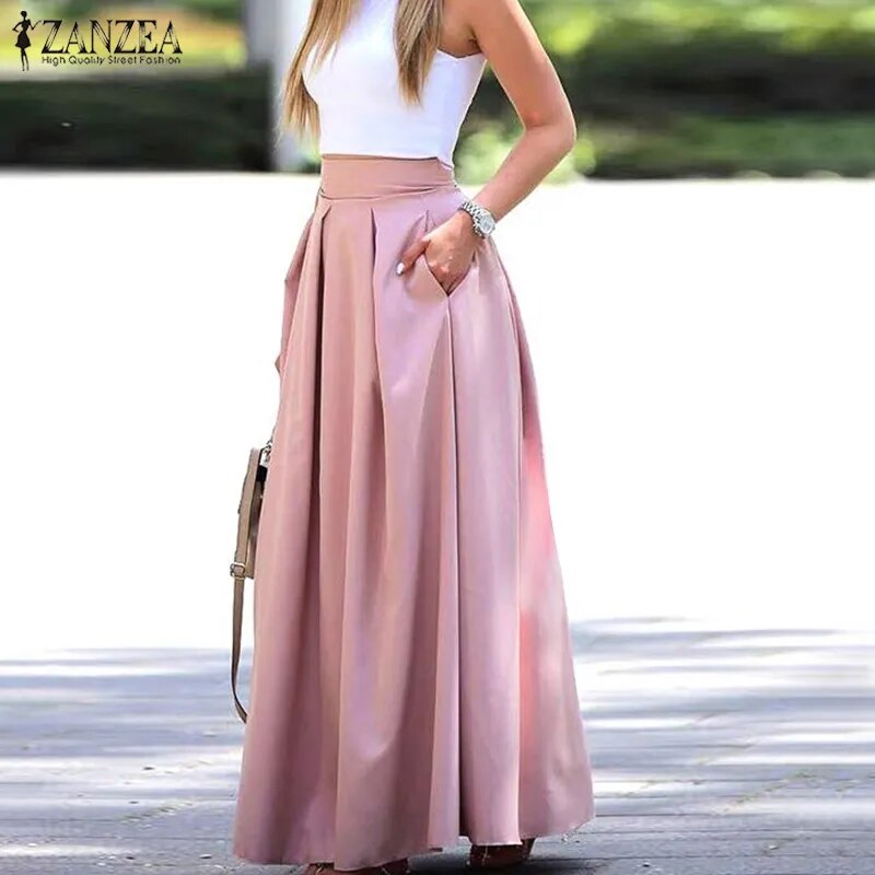 Elegant Women's Maxi Skirts ZANZEA Autumn Pleated Sundress Casual High Waist Long Vestidos Female Solid Faldas Saia