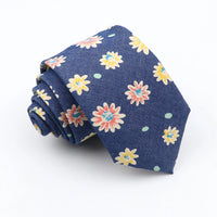 New Cotton Denim Ties For Men 7CM Floral Feather Dot Blue Neck Tie For Wedding Party Casual Print Slim Neckties Daily Wear Gift