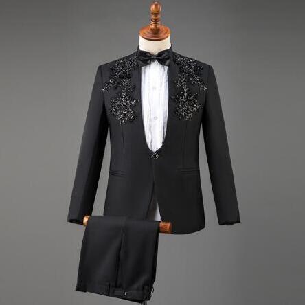 White Embroidered Diamond Suit Men Wedding Groom Tuxedo Suits Mens Stand Collar Prom Stage Costume Mens Suits with Pants Ternos