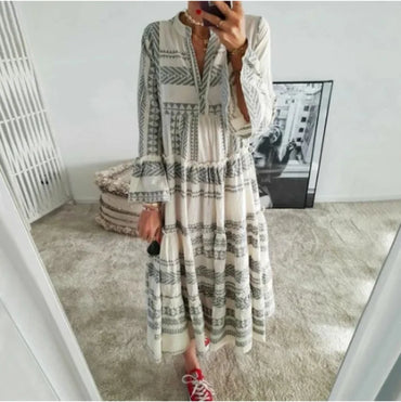 Fashion Geometric Print Dress Women Flare Sleeve V-neck Dress for Beach Vacation Casual Loose Ladies Ruffles Flared A-Line Dress