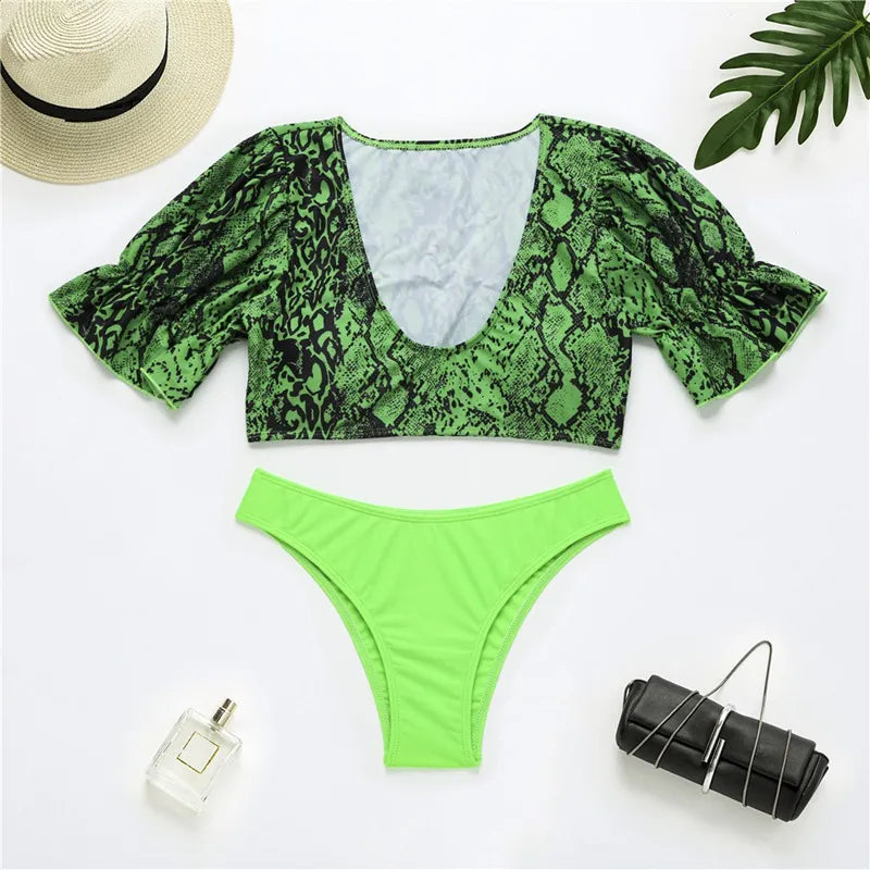 Neon Snakeprint 2 Piece Sets Womens Bikini Plunge Swimsuit V Waist Swimwear High Cut Bathing Suit Brazilian Bikini Drop Shipping