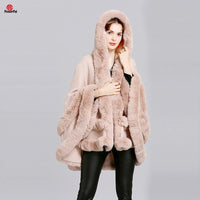 Double Layer Luxury Imitated Rex Rabbit Fur Cape Coat Hooded Shawl Winter Women Knit Poncho Overcoat Faux Fur Wraps Big