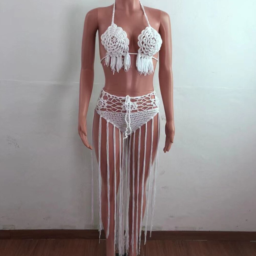 two piece summer dresses Crochet Hollow Out Two Piece Dress Women Deep V-neck Sexy Beach Halter – Mega Mart Center