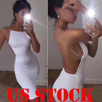 Women Lady Summer Sexy Evening Party Dress Sleeveless Solid White Backless Hollow Out Dress