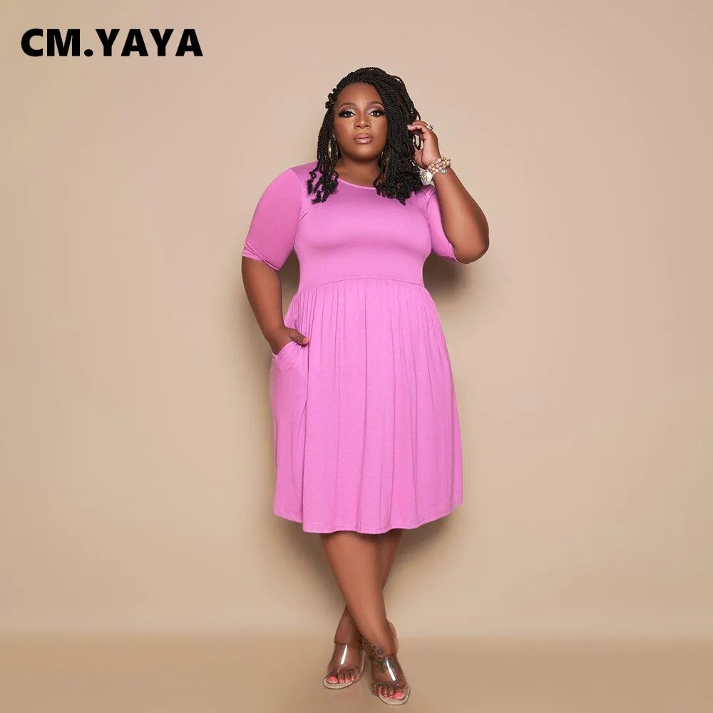 CM.YAYA Women Plus Size Dress Solid Short Sleeve O-neck Stretchy Loose Knee Length Dresses Casual Fashion Vestidos Summer 2021