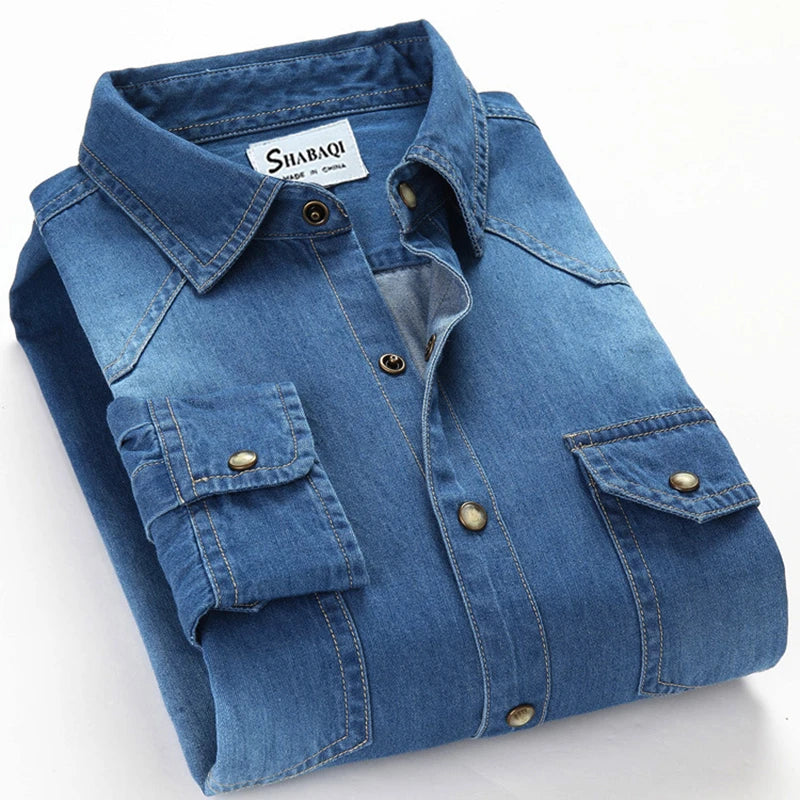 Men's Slim Denim Shirt 2022 Spring Luxury High Quality Cotton Square Collar Pocket Button Fashion Long Sleeve Jeans Shirt