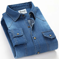 Men's Slim Denim Shirt 2022 Spring Luxury High Quality Cotton Square Collar Pocket Button Fashion Long Sleeve Jeans Shirt