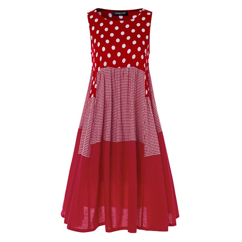 0100 SEXY Summer Women Sleeveless Dresses Cotton Linen Polka Dot Plaid Patchwork