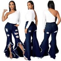 Ripped Hole Flare Jeans Women Bell Bottom Jean Fashion High Waist Wide Leg Pants 2021 Summer Tassel Denim Trousers