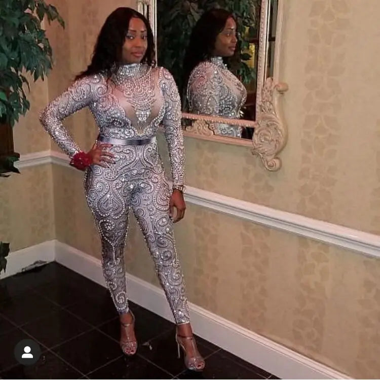 Elegant Pearls Long Sleeves Jumpsuit Sexy Elatic Women Singer Outfit Birthday Celebrate Evening Party Wear