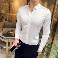 Neckline Embroidery Mens Shirts Long Sleeve Casual Slim Fit Men Dress Shirts Solid Color Formal Business Social Clothing Blouse