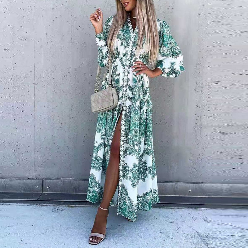 Elegant Deep V Neck Printing Hem Maxi Dresses Women Casual Button Elastic Waist Long Party Dress Summer Loose Slit Beach Dress