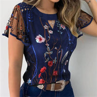 Women Ruffles Short Sleeve T-Shirt Summer Fashion Casual Flower Embroidery Cutout Mesh Sheer Tops Slim Vintage Pullover Tee