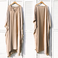 2023 Champagne Gold Sexy Lace Up Plunging Neck Bats Sleeve Loose Long Summer Beach Dress Satin Women Beachwear Maxi Dress N877