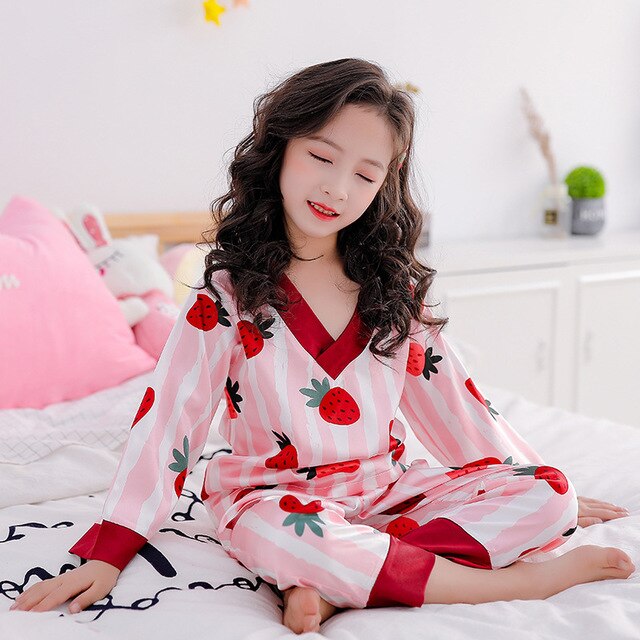 Children Pajamas Set 2023 Spring Ice Silk Striped Kids Pyjamas For Girls & Boys Sleepwear