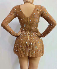 Sexy Transparent Rhinestones Long Sleeve Mini Dress Crystal Dance Costume Women Birthday Celebrate Party Outfit  Show Stage Wear