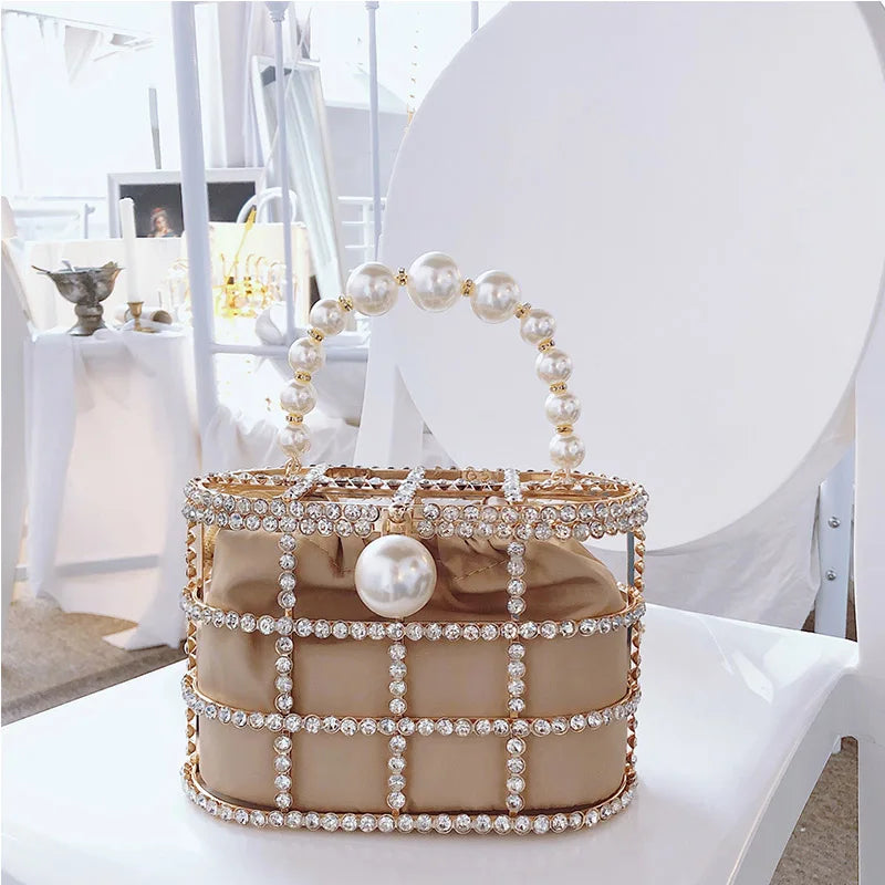 High Quality Openwork Basket Design Luxury Party Clutch Diamonds Pearls Women&#39;s Handbags Evening Bag Fashion Purses Designer Bag