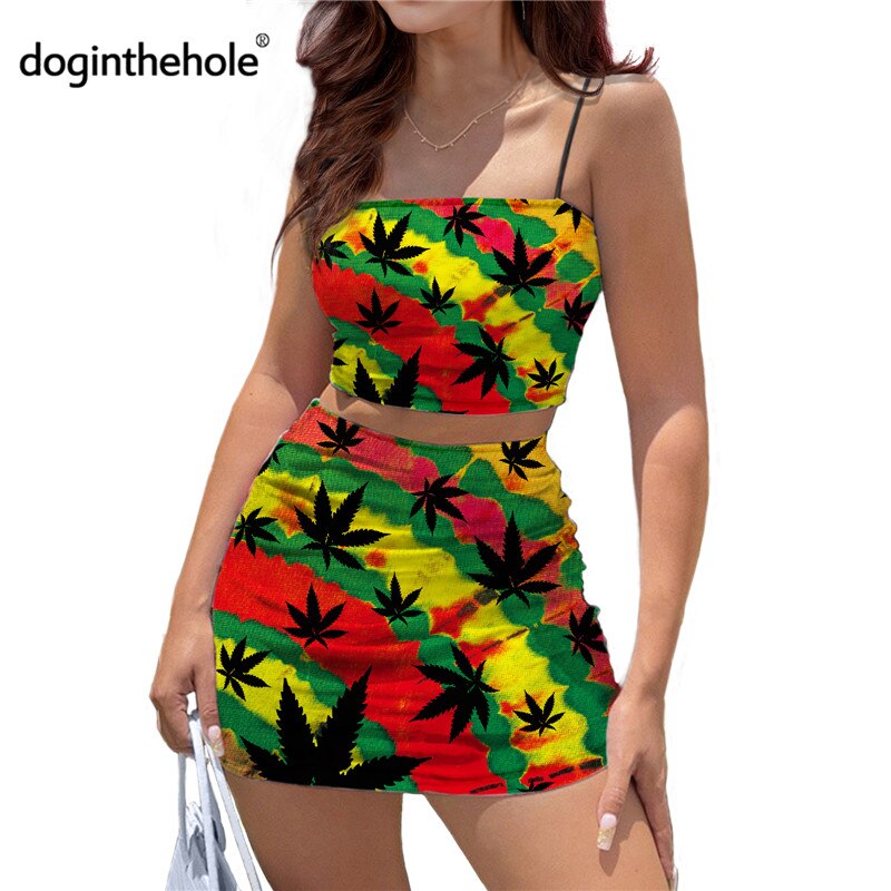 Women Sexy Bodycon 2 Piece Dress Sets Jamaica Leaf Printed New Trend Summer Reggae Style Crop Tops and Mini Skirt Outfits