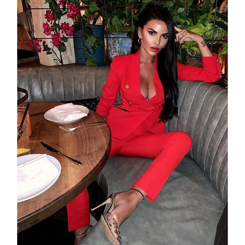 Drop Ship Pink Red Pants Suit Women Business Classic Gold Double Breasted Button Blazer Pants Two Piece Sets Formal Blazer Suits