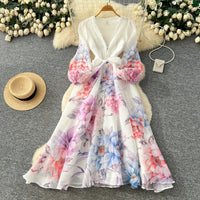 Summer V-Neck A-Line Maxi Dress for Women Empire Printed Dress