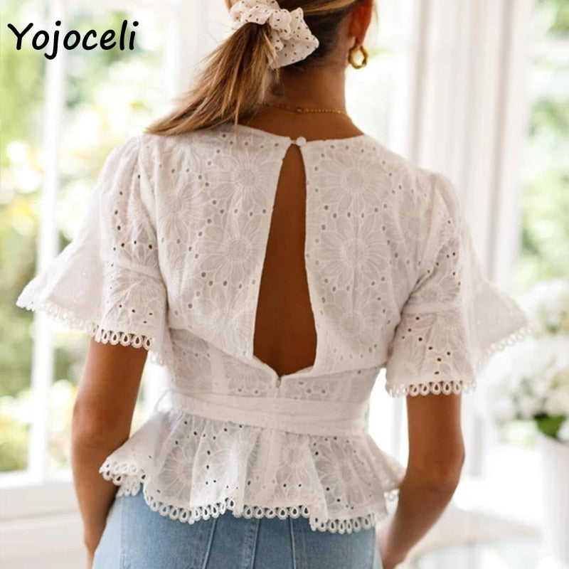 Yojoceli cotton embroidery lace blouses shirt women ruffle bow blusas female boho new blouses