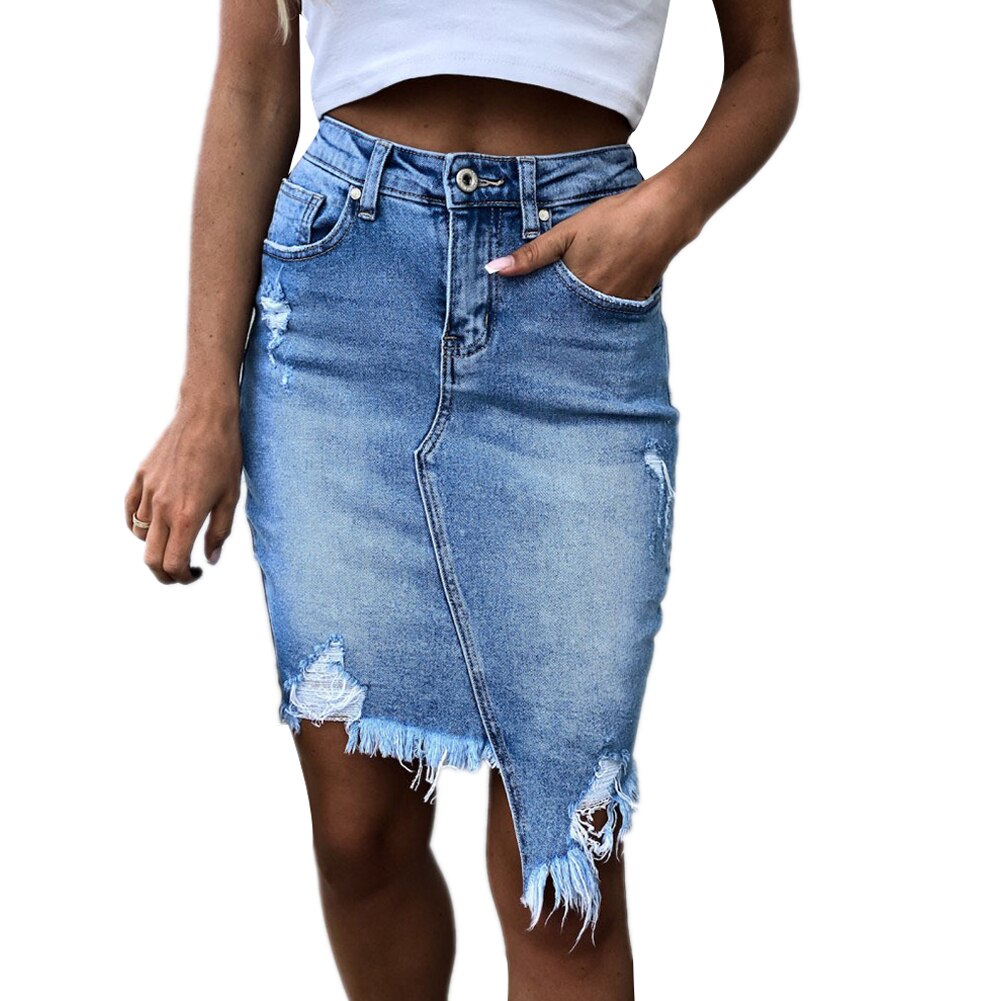 Women's New High Waist Stretch Ripped Denim Denim Skirts Solid Frayed Holes Bodycon Mini A-line Pencil Skirt Streetwear