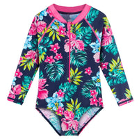 BAOHULU Navy Floral Girls Swimwear Kids Long Sleeve One Piece Beach Swimming Suit