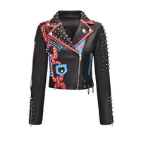 Sexy Women Spring Rivet Death Patch Fuax Leather Jackets For Punk Rock Rivet Streetwear