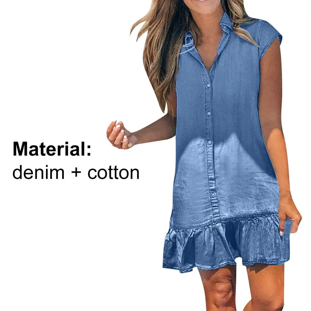 Ruffle Swing Summer Dress Casual Turndown Neck Denim Dresses Sleeveless Cardigan Dress Vintage Dresses Vestido De Mujer