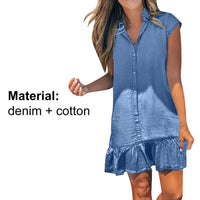 Ruffle Swing Summer Dress Casual Turndown Neck Denim Dresses Sleeveless Cardigan Dress Vintage Dresses Vestido De Mujer