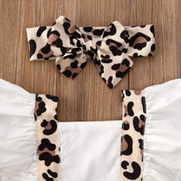 2Pcs Newborn Baby Girl Leopard Jumpsuit Headband Clothes Ruffles Short Sleeve Patchwork Backless Bodysuits 0-24M