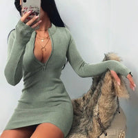Sexy Zipper Bodycon Dress Elegant Long Sleeve Finger Hole Knitting Mini Dress Vintage Harajuku Sweater Dress Casual Clubwear