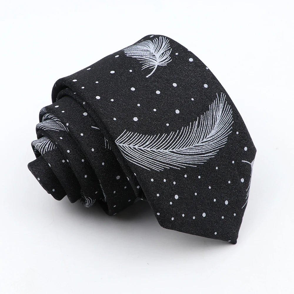 New Cotton Denim Ties For Men 7CM Floral Feather Dot Blue Neck Tie For Wedding Party Casual Print Slim Neckties Daily Wear Gift