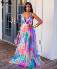 Polyester Summer  African Women V-neck Sleeveless Printing Long Dress African Dresses for Women Plus Size Clothing for Women