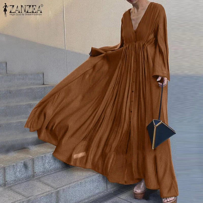 Vintage Solid Shirt Dress Women Spring Sundress ZANZEA Casual Long Sleeve Maxi Vestidos Female V neck Baggy Robe  7