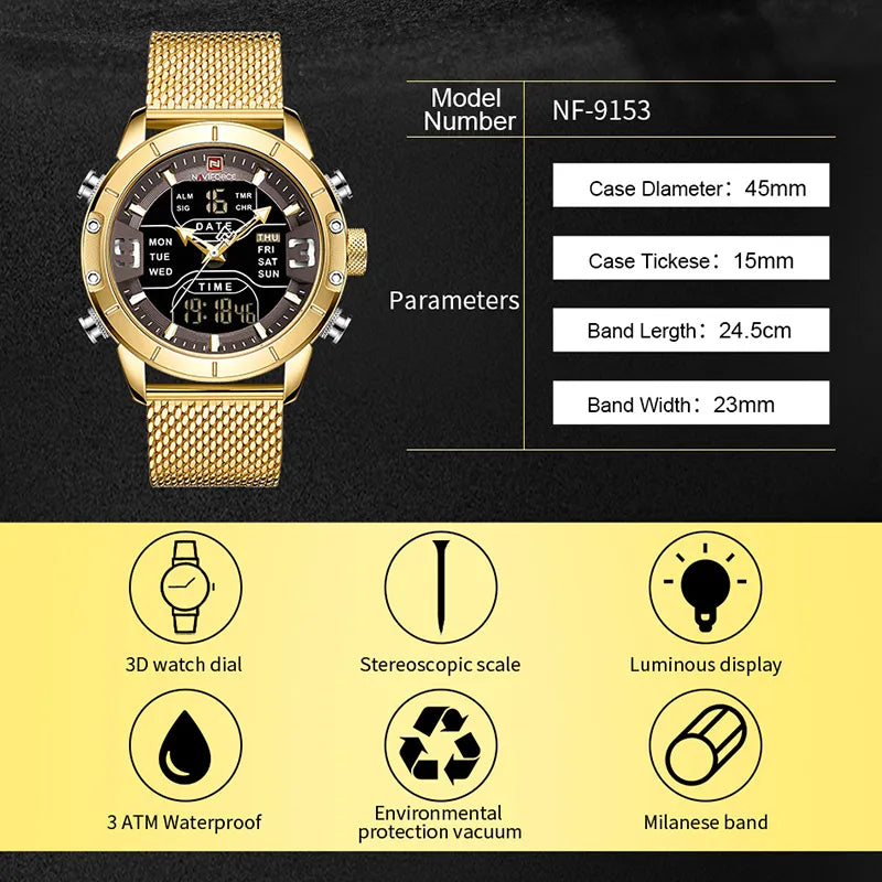 NAVIFORCE Men Watch Top Luxury Brand Man Military Sport Quartz Wrist Watches Stainless Steel LED Digital Clock Relogio Masculino