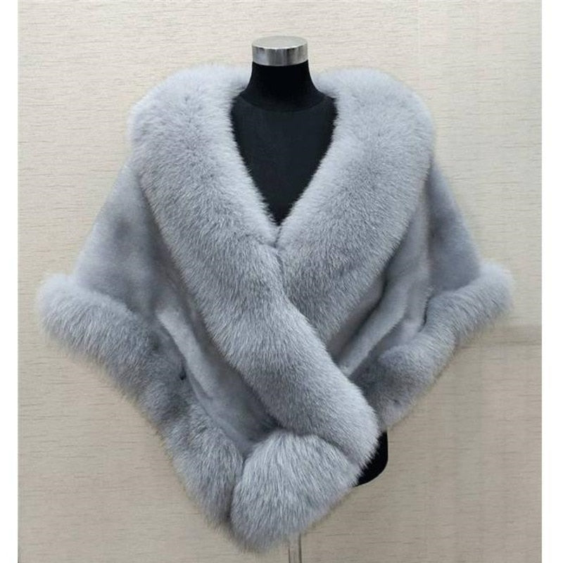 Women Sexy Fur Shoulder Wrap Bridal Shawls Winter Cape Female Jacket White Black Faux Fur Coat