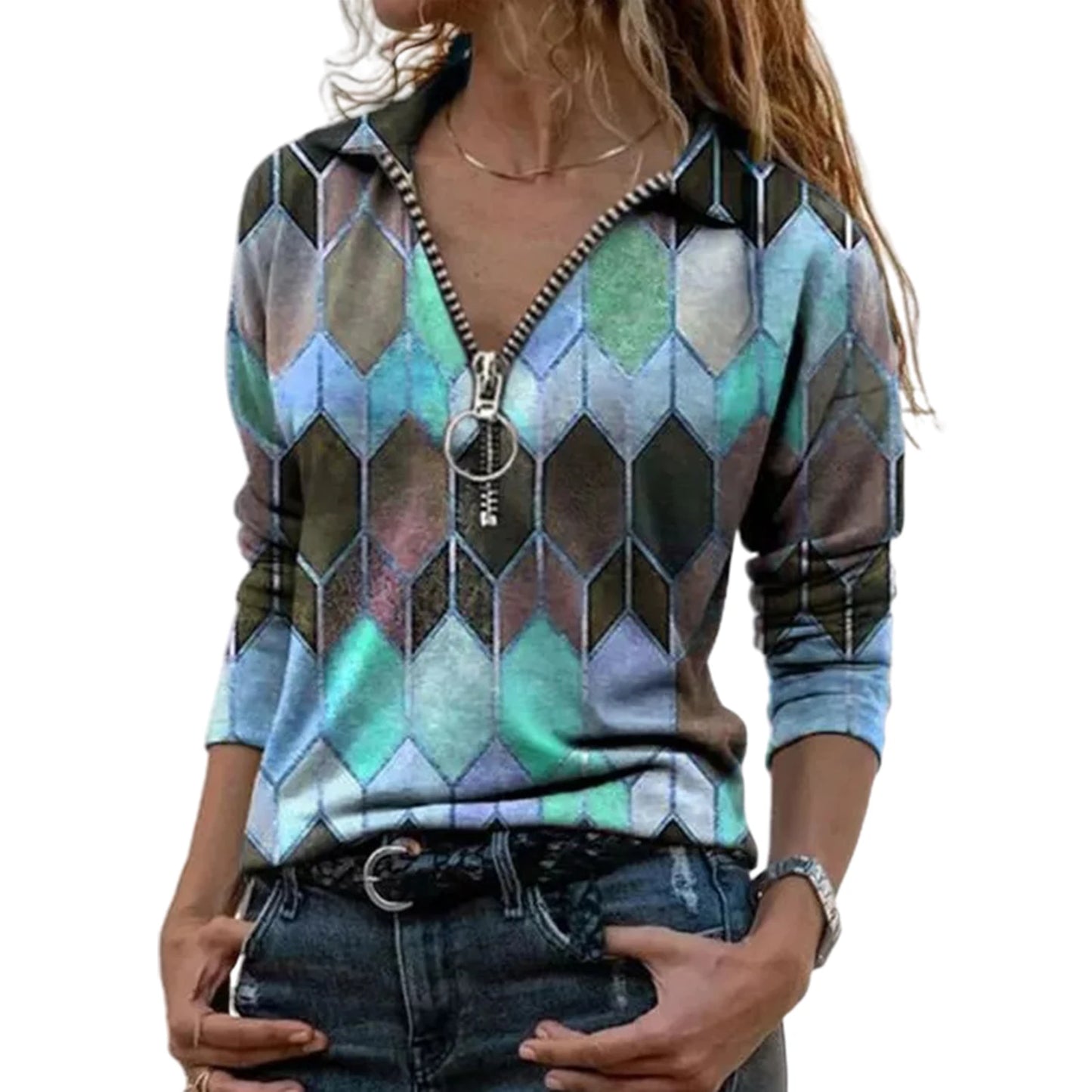 2020 Winter Warm Fashion Blouse Women Long Blouse Shirt Heart Pattern Zipper Design Abstract Print Blouse drop shipping