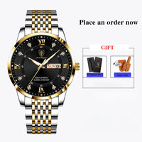 POEDAGAR Men Watch Stainless Steel Top Quailty Luxury Push Button Hidden Clasp Waterproof Luminous Date Week Sport Wrist Watches