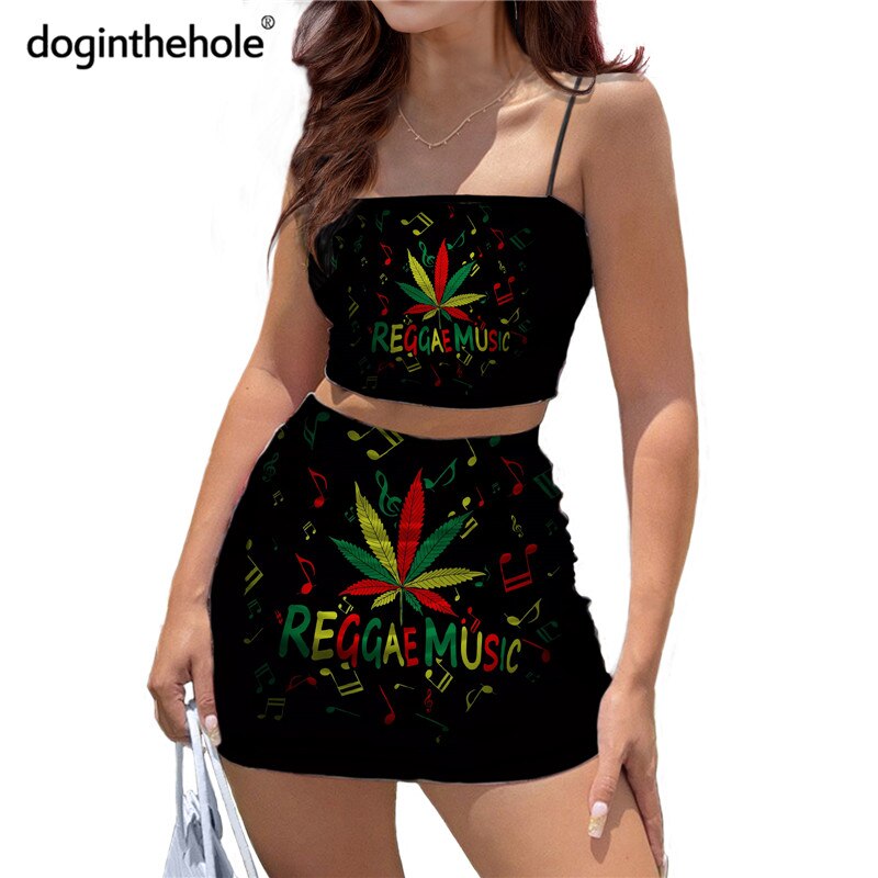 Doginthehole Reggae Design Jamaica Leaf Print Women Club Outfits Sexy Sling Tube Tops and Short Bodycon Dress Summer 2pcs Sets