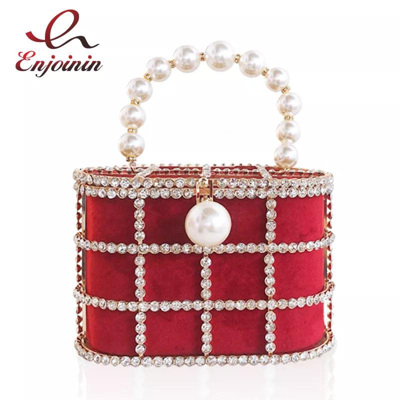 High Quality Openwork Basket Design Luxury Party Clutch Diamonds Pearls Women&#39;s Handbags Evening Bag Fashion Purses Designer Bag