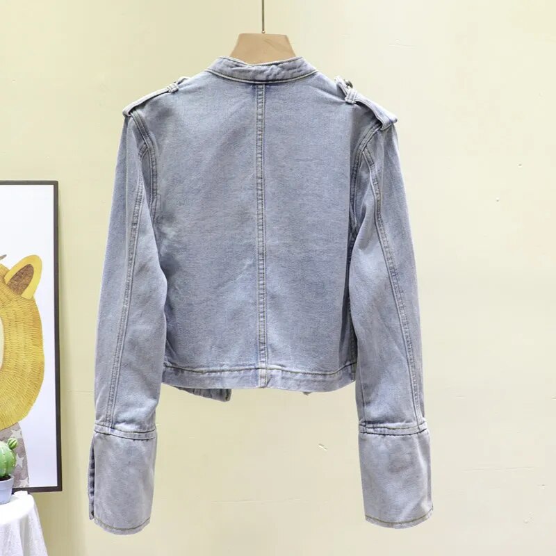 Retro Military Style Handsome Stand Collar Denim Jackets Female Double-breasted Wild Slim Short Denim Jackets Women Outerwear