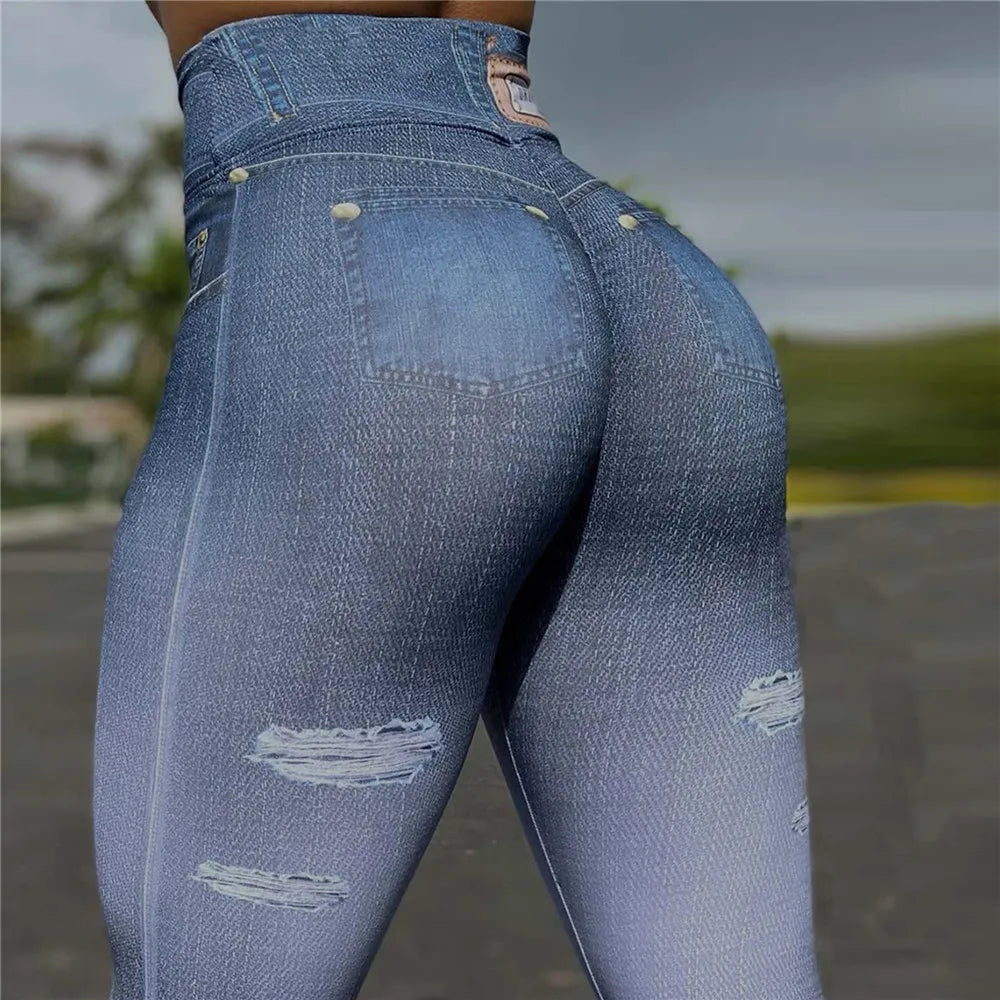 FCCEXIO Ripped Jeans 3D Print Women Pants Push Up Running Sports Leggings Slim Pants Female Casual Trousers Fitness Sexy Legging